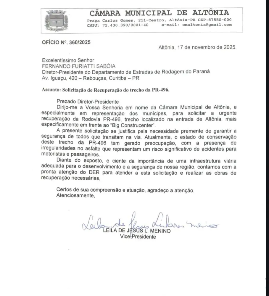DER executa recuperação do trecho crítico da PR-496 após solicitação da Câmara Municipal.