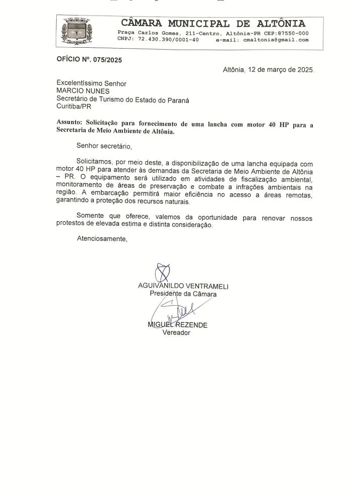 Presidente da Câmara de Altônia, Tigrão, e vereador Miguel Rezende solicitam lancha com motor 40 HP para reforçar fiscalização ambiental